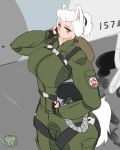  2019 aircraft airplane animal_humanoid armor bag big_breasts breasts bulge canid canid_humanoid canine canine_humanoid cev cev_rosa clothed clothing digital_media_(artwork) fingers food g_suit green_eyes gynomorph hair headgear helmet hi_res holding_object humanoid intersex jet looking_at_viewer machine mammal mammal_humanoid not_furry pilot_suit pocky solo standing thick_thighs white_hair 