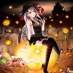  1girl antenna_hair azur_lane black_legwear blush breasts candy cleavage costume doughnut dress food gibun_(sozoshu) graveyard halloween halloween_costume happy_halloween hat highres jack-o&#039;-lantern mask pantyhose prinz_eugen_(azur_lane) pumpkin shoes silver_hair two_side_up 