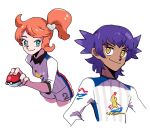  1boy 1girl closed_mouth dande_(pokemon) dark_skin dark_skinned_male green_eyes gym_challenge_uniform hair_ornament heart heart_hair_ornament highres holding holding_poke_ball orange_hair poke_ball poke_ball_(generic) pokemon pokemon_(game) pokemon_swsh purple_hair shirt short_ponytail shorts side_ponytail simple_background smile sonia_(pokemon) spiked_hair striped striped_shirt tofu_(tttto_f) white_background yellow_eyes younger 