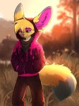  2019 anthro canid canine clothed clothing day detailed_background digital_media_(artwork) eyebrows eyelashes fennec fox fur grass hair magenta7 male mammal outside sky solo standing 