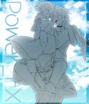  3boys ahoge bangs big_al blue_sky blush capelet carrying closed_eyes cloud cloudy_sky collar day facial_scar facing_another jacket looking_down male_focus mizuhoshi_taichi monochrome multiple_boys oliver_(vocaloid) open_mouth princess_carry scar short_hair sitting_on_shoulder sky smile standing vocaloid yohioloid 