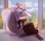  2019 anthro blue_eyes breasts clothed clothing day detailed_background digital_media_(artwork) domestic_cat eri-yo eyebrows eyelashes felid feline felis female fingers hair hi_res looking_at_viewer mammal outside pink_hair sky smile solo toes 