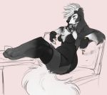  2017 anthro black_clothing black_nose black_topwear breasts canid canine canis cigarette clothed clothing cup digital_media_(artwork) domestic_dog female fingerless_gloves furniture gloves hair handwear mammal mina_(pav) pav sitting sofa solo table topwear white_hair yellow_eyes 