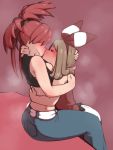  2girls ass asuna_(pokemon) back bare_shoulders belt blush breasts brown_hair closed_eyes denim gym_leader hairband half-closed_eyes haruka_(pokemon) hug jeans kiss midriff multiple_girls pants pokemon pokemon_(game) pokemon_oras pokemon_rse ponytail red_hair sitting sleeveless sweat umonebi yuri 