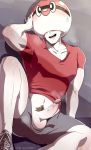  1boy arm_support ball_guy breath covered_nipples erection facing_viewer fross2art grey_shorts highres male_focus male_pubic_hair mascot_costume no_panties open_clothes open_mouth open_shorts penis pokemon pokemon_(game) pokemon_swsh pubic_hair red_shirt shirt shorts solo sweat t-shirt testicles white_skin 