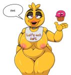  acstlu animatronic anthro apron avian beak big_breasts bird breasts chica_(fnaf) chicken clothing curvaceous curvy_figure featureless_crotch female five_nights_at_freddy&#039;s food galliform gallus_(genus) hi_res lipstick machine makeup navel nipples non-mammal_breasts overweight overweight_female phasianid purple_eyes robot solo text thick_thighs video_games voluptuous wide_hips yellow_body 