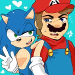  &lt;3 1:1 annoyed anthro blue_background blue_body blue_eyes blue_fur bodily_fluids clothing cross-popping_vein crossover duo eulipotyphlan eye_contact fannfare fur gesture gloves green_eyes handwear hat headgear headwear hedgehog human interspecies looking_at_another low_res male male/male mammal mario mario_bros nintendo simple_background smile sonic_the_hedgehog sonic_the_hedgehog_(series) sweat v_sign vein video_games 