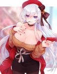  1girl aran_sweater azur_lane bangs belfast_(azur_lane) belfast_(shopping_with_the_head_maid)_(azur_lane) beret black_legwear black_skirt blue_eyes blush breasts brown_sweater choker cleavage collarbone commentary_request earrings eyebrows_visible_through_hair floating_hair food hand_on_own_chest hat highres hoop_earrings jewelry large_breasts long_hair looking_at_viewer off-shoulder_sweater off_shoulder pantyhose pencil_skirt pocky red_headwear red_nails shawl shichijou_natori silver_hair skirt smile solo standing sweater very_long_hair 