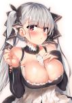  1girl azur_lane bangs bare_shoulders blunt_bangs blush breasts cleavage detached_sleeves dress earrings eyebrows_visible_through_hair formidable_(azur_lane) grey_hair hair_ribbon hand_on_own_chest highres jewelry kawai large_breasts long_hair looking_at_viewer parted_lips red_eyes ribbon simple_background sleeves_past_wrists solo sweat twintails upper_body wet white_background 