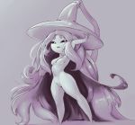  2019 black_sclera breasts clothing digital_media_(artwork) featureless_breasts featureless_crotch featureless_feet grey_background hair hat hatterene headgear headwear hi_res humanoid long_hair monochrome napalm_express navel nintendo nude parted_lips pok&eacute;mon pok&eacute;mon_(species) purple_background raised_arm short_stack simple_background standing video_games witch_hat 