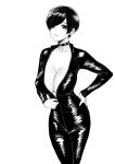  1girl black_hair bodysuit breasts choker cleavage greyscale hair_over_one_eye hand_on_hip highres large_breasts monochrome norman_maggot olive_laurentia open_bodysuit original parted_lips pixie_cut short_hair unzipping 