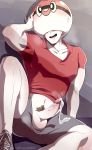  1boy arm_support ball_guy breath covered_nipples cum erection facing_viewer fross2art grey_shorts highres male_focus male_pubic_hair mascot_costume no_panties open_clothes open_mouth open_shorts penis pokemon pokemon_(game) pokemon_swsh pubic_hair red_shirt shirt shorts solo sweat t-shirt testicles white_skin 