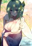  blue_eyes breasts cleavage commentary daiyousei fairy_wings green_hair highres large_breasts open_clothes open_shirt outdoors side_ponytail sidelocks touhou warashi water wet wet_clothes wings 