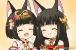  2girls :d ^_^ animal_ear_fluff animal_ears azur_lane bangs bare_shoulders black_hair blunt_bangs blush brown_background closed_eyes closed_mouth commentary_request detached_sleeves dress eyebrows_visible_through_hair fox_ears hair_ornament hands_up headpiece japanese_clothes kimono long_hair long_sleeves miicha multiple_girls mutsu_(azur_lane) nagato_(azur_lane) open_mouth pleated_dress red_dress sleeveless sleeveless_kimono smile strapless strapless_dress twitter_username upper_body white_kimono white_sleeves 