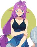  1girl antenna_hair bare_arms bare_shoulders blue_dress blue_eyes blush breasts cleavage collarbone dress green_background lamia long_hair medium_breasts monster_girl nose_blush numbers_(boars) original pointy_ears purple_hair scales sleeveless sleeveless_dress solo tears torn_clothes torn_dress two-tone_background very_long_hair white_background 