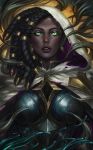  1girl armor asymmetrical_hair breastplate breasts cloak eyeshadow glowing glowing_eyes green_earrings green_eyes hairlocs highres hood hooded_cloak large_breasts league_of_legends lips long_hair makeup nose senna_(league_of_legends) soffa solo thick_eyebrows upper_body white_hood 