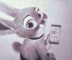  2017 ambiguous_gender anthro askalin clothed clothing disney earbuds fully_clothed headphones high-angle_view holding_object judy_hopps lagomorph leporid looking_at_viewer mammal monochrome rabbit shirt smile solo t-shirt topwear zootopia 