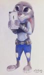  2018 absurd_res anthro askalin belt cellphone clothed clothing dipstick_ears disney ears_down fully_clothed fur grey_body grey_fur hi_res holding_cellphone holding_object holding_phone judy_hopps lagomorph leporid mammal multicolored_body multicolored_ears multicolored_fur phone pink_nose pivoted_ears police_uniform purple_eyes rabbit simple_background solo standing toeless_legwear two_tone_body two_tone_fur uniform white_background white_body white_fur zootopia 