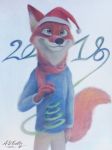  2017 absurd_res anthro askalin black_nose bottomwear canid canine christmas clothed clothing disney fluffy fluffy_tail fox fully_clothed fur green_eyes hat headgear headwear hi_res holidays mammal nick_wilde one_ear_up pants red_body red_fox red_fur santa_hat scarf smile solo standing sweater topwear white_body white_fur zootopia 