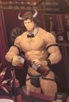 1boy alcohol animal_ears arknights arm_belt bar bara bow bowtie brown_eyes brown_hair bulge cow_ears cow_horns cup dartboard detached_collar drinking_glass facial_hair glint highres horns indoors looking_at_viewer male_focus mao_ten_go matterhorn_(arknights) muscle navel nipples pectorals shirtless standing stubble tail tumbler wine_glass wristband 