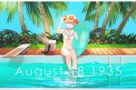  1girl artist_name bangs barefoot bikini blonde_hair closed_eyes cooler dated day diving_board english_text facing_viewer flower frilled_bikini frills grass hand_up head_wreath hibiscus holding holding_innertube innertube kantai_collection kirihota open_mouth outdoors palm_tree pool poolside sailor_bikini sailor_collar short_hair sitting sky smile soaking_feet solo swimsuit tree twitter_username very_short_hair water white_bikini wide_shot z1_leberecht_maass_(kantai_collection) 