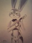  2017 anthro armor askalin blaster body_armor buckteeth clothed clothing cosplay crossover crossover_cosplay disney front_view holding_gun holding_object holding_weapon judy_hopps lagomorph leporid mammal midriff rabbit smile solo star_wars stormtrooper teeth weapon zootopia 