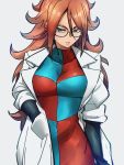  1girl android_21 black-framed_eyewear blue_eyes breasts checkered checkered_dress dragon_ball dragon_ball_fighterz dress earrings glasses grey_background hand_in_pocket hoop_earrings jewelry kemachiku labcoat long_hair looking_at_viewer medium_breasts red_hair simple_background solo 