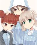  3girls :o aki_(girls_und_panzer) bangs blue_headwear blue_jacket blue_shirt brown_eyes brown_hair closed_mouth commentary dress_shirt eyebrows_visible_through_hair girls_und_panzer green_eyes hair_tie hand_on_another&#039;s_head hat head_tilt highres jacket keizoku_military_uniform keizoku_school_uniform light_blush light_brown_hair long_hair long_sleeves looking_at_viewer mika_(girls_und_panzer) mikko_(girls_und_panzer) military military_uniform multiple_girls nenosame open_mouth red_eyes red_hair school_uniform shirt short_hair short_twintails side-by-side smile striped striped_shirt track_jacket twintails uniform upper_body vertical-striped_shirt vertical_stripes white_shirt 