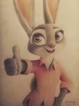 absurd_res anthro askalin bottomwear buckteeth clothed clothing disney fully_clothed fur gesture grey_body grey_fur hi_res judy_hopps lagomorph leporid looking_at_viewer mammal open_mouth open_smile pants pink_nose purple_eyes rabbit shirt smile solo teeth thumbs_up topwear zootopia 