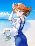  1girl ahoge arm_up beach blue_skirt breasts cloud cloudy_sky commentary_request cowboy_shot day eyebrows_visible_through_hair eyelashes floating_hair frilled_shirt frills hand_in_hair hand_on_own_head hand_up high_heels highres holding holding_shoes looking_at_viewer looking_to_the_side love_live! love_live!_sunshine!! ocean off-shoulder_shirt off_shoulder open_mouth open_toe_shoes orange_hair outdoors overall_skirt overalls parasol red_eyes sand shirt shoes short_hair skirt sky smile solo stiletto_heels strappy_heels takami_chika takenoko_no_you umbrella water white_footwear white_shirt wide_sleeves 