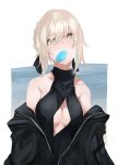  1girl absurdres artoria_pendragon_(all) artoria_pendragon_(swimsuit_rider_alter) bangs bare_shoulders black_jacket black_ribbon black_swimsuit blonde_hair braid breasts brown_eyes cleavage cleavage_cutout collarbone commentary_request covered_collarbone eyebrows_visible_through_hair fate/grand_order fate_(series) food food_in_mouth hair_between_eyes hair_ribbon highres jacket looking_at_viewer medium_breasts mouth_hold off_shoulder one-piece_swimsuit open_clothes open_jacket popsicle ribbon sidelocks solo swimsuit upper_body yuki_maccha_(yukimattya10) 