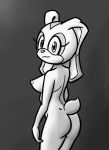  2019 aged_up anthro areola biped black_and_white breasts butt cream_the_rabbit digital_media_(artwork) dipstick_ears eyelashes female fingers fur greyscale hi_res lagomorph leporid looking_at_viewer looking_back loshon mammal monochrome multicolored_ears nipples nude rabbit rear_view simple_background smile solo sonic_the_hedgehog_(series) video_games 