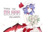  1girl alternate_costume asutora bangs bare_arms bare_shoulders bat_wings blue_hair blush bouquet choker collarbone commentary_request dress eyebrows_visible_through_hair flower followers hair_between_eyes hat hat_ribbon holding holding_flower looking_at_viewer low_wings mob_cap petals pointy_ears red_choker red_eyes red_ribbon red_sash remilia_scarlet ribbon rose sash short_hair sidelocks simple_background smile solo strapless strapless_dress thank_you touhou white_background white_dress white_flower white_headwear white_rose wings 