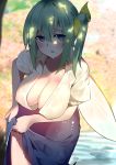  1girl bangs blue_eyes blue_skirt blush breasts cleavage collarbone commentary_request cowboy_shot daiyousei eyebrows_visible_through_hair fairy fairy_wings green_hair hair_between_eyes highres large_breasts leaning_forward lifted_by_self long_hair looking_at_viewer older open_clothes open_mouth open_shirt outdoors parted_lips puffy_short_sleeves puffy_sleeves shade shirt short_sleeves side_ponytail sidelocks skirt skirt_lift solo standing touhou warashi water wet wet_clothes wet_shirt white_shirt wings wringing_clothes wringing_skirt 