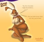  2019 absurd_res advertisement anthro areola breasts butt cadbury cadbury_bunny darthmaul1999 female hi_res lagomorph leporid lying mammal mascot nipples pussy rabbit seductive text 