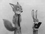  2018 4:3 ambiguous_gender anthro askalin black_nose bottomwear canid canine clothed clothing disney duo fluffy fluffy_tail fox fully_clothed hands_behind_back holding_object judy_hopps lagomorph leporid looking_at_another mammal monochrome necktie nick_wilde pants police_uniform rabbit red_fox shirt simple_background smile topwear uniform white_background zootopia 