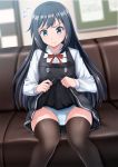  1girl asashio_(kantai_collection) belt black_hair blue_eyes blue_panties blush closed_mouth couch dress eyebrows_visible_through_hair highres kantai_collection lifted_by_self long_hair long_sleeves looking_at_viewer neck_ribbon panties pinafore_dress red_ribbon remodel_(kantai_collection) ribbon school_uniform shirt sitting solo thighhighs underwear white_shirt zanntetu 