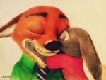  2018 4:3 absurd_res anthro askalin black_nose canid canine clothed clothing disney duo ears_down eyes_closed fox fur grey_body grey_fur hi_res hug judy_hopps lagomorph leporid mammal necktie nick_wilde orange_body orange_fur pivoted_ears rabbit red_fox shirt simple_background smile t-shirt topwear white_body white_fur zootopia 