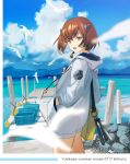  1girl alternate_costume ass bag bangs bird blue_sky blush brown_eyes brown_hair cloud commentary day dock from_behind hands_in_pockets headgear hood hood_down hooded_jacket jacket kantai_collection kirihota long_sleeves looking_at_viewer looking_back ocean open_mouth outdoors seagull short_hair shoulder_bag sidelocks sky solo speaking_tube_headset yukikaze_(kantai_collection) 