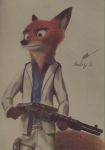  2017 anthro askalin belt bottomwear canid canine clothed clothing cosplay crossover crossover_cosplay disney fox fully_clothed fur green_eyes gun holding_gun holding_object holding_weapon left_4_dead_(series) mammal nick_(left4dead) nick_wilde orange_body orange_fur pants ranged_weapon red_fox shirt shotgun solo topwear valve video_games weapon zootopia 