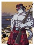  alex_magenta anthro barazoku clothed clothing felid glengarry_cap gun hi_res kemono kilt male mammal muscular muscular_male pantherine ranged_weapon rifle snow_leopard solo sporran topless vitaly_(artist) weapon 