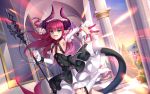  1girl :d architecture armpits black_dress blue_eyes breasts day detached_sleeves dragon_horns dragon_tail dress elizabeth_bathory_(fate) elizabeth_bathory_(fate)_(all) fang fate/grand_order fate_(series) floating_hair gothic_architecture highres holding holding_spear holding_weapon horns long_hair long_sleeves looking_at_viewer open_mouth outstretched_arm pillar polearm red_hair small_breasts smile solo spear standing sunlight tail v-shaped_eyebrows weapon yue_xiao_e 