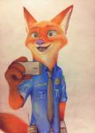  2018 absurd_res anthro askalin bottomwear canid canine cellphone clothed clothing disney fluffy fluffy_tail fox fully_clothed fur green_eyes hi_res holding_cellphone holding_object holding_phone inner_ear_fluff mammal necktie nick_wilde open_mouth open_smile orange_body orange_fur pants phone red_fox shirt smile solo teeth tongue topwear tuft white_body white_fur zootopia 