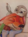  2018 absurd_res anthro askalin black_nose bottomwear canid canine claws clothed clothing disney duo eyes_closed fox fur grey_body grey_fur happy hi_res holding_object judy_hopps mammal multicolored_body multicolored_fur necktie nick_wilde open_mouth open_smile orange_body orange_fur pants pink_nose purple_eyes red_fox shirt simple_background sitting smile teeth tongue topwear two_tone_body two_tone_fur white_body white_fur zootopia 