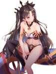  1girl absurdres apraxia black_bow black_hair black_legwear black_panties bow breasts cleavage closed_mouth collarbone cowboy_shot earrings expressionless fate/grand_order fate_(series) hair_bow heavenly_boat_maanna highres hoop_earrings ishtar_(fate/grand_order) jewelry long_hair looking_away medium_breasts panties pink_eyes simple_background single_thighhigh sitting solo thighhighs two_side_up underwear white_background 