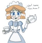  android beverage clothing cup dialogue digital_media_(artwork) emmy english_text female hair machine maid_uniform not_furry open_mouth robot tea text uniform 
