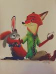  2017 ambiguous_gender anthro askalin bottomwear canid canine cellphone clothed clothing crossed_legs disney duo fox fully_clothed fur grey_body grey_fur hi_res holding_cellphone holding_object holding_phone judy_hopps lagomorph leporid looking_at_another mammal necktie nick_wilde one_eye_closed pants phone pink_nose police_uniform rabbit red_body red_fox red_fur shirt sitting smile topwear uniform zootopia 