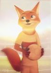  2018 absurd_res anthro askalin ball black_nose bottomwear canid canine clothed clothing disney fox fully_clothed fur grass hi_res holding_object light lighting mammal nick_wilde open_mouth open_smile orange_body orange_fur red_fox shirt shorts smile soccer_ball solo standing t-shirt teeth topwear zootopia 