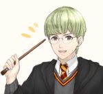  1boy beige_background brown_eyes fire_emblem fire_emblem:_three_houses glasses green_hair harry_potter hogwarts_school_uniform ignatz_victor necktie open_mouth parody school_uniform solo teeth user_zjyt4387 wand 