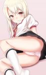  1girl ass black_skirt blouse blush blush_stickers closed_mouth commentary crotch_seam fate/kaleid_liner_prisma_illya fate_(series) frown homurahara_academy_uniform illyasviel_von_einzbern legs looking_at_viewer looking_back lying miniskirt neck_ribbon nenosame on_side panties pink_background pink_panties pleated_skirt puffy_short_sleeves puffy_sleeves red_eyes red_neckwear ribbon short_sleeves single_horizontal_stripe skirt socks solo underwear white_blouse white_hair white_legwear 